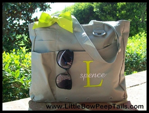 Grey Super Feature Tote - Initial and Name Monogrammed Briefcase- Personalized Large Size Solid Color Baby Shower Teacher Gift Idea