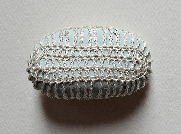 Wedding, Crochet Lace Stone, Miniature Art, Original, Handmade, Tiny, Indonesian River Rock, Beige, Light Blue Stone - Monicaj