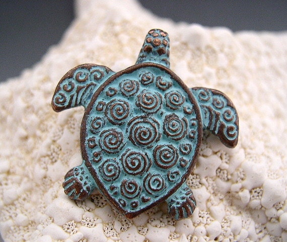 Naos - Sea Turtle Pendant - Mykonos Greek Copper Antiqued Green Turquoise - Double Sided with Spirals