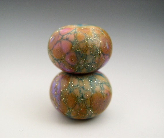 Naos Glass - Opal Gardens - Handmade Lampwork Beads SRA - Made To Order Yellow Rust Teal Lavender Pair