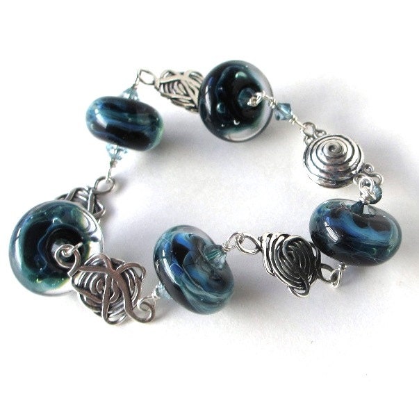 Midnight Blue Lampwork Bracelet with Sterling Magnetic Clasp, Cassiopeia - sandcastlejewels