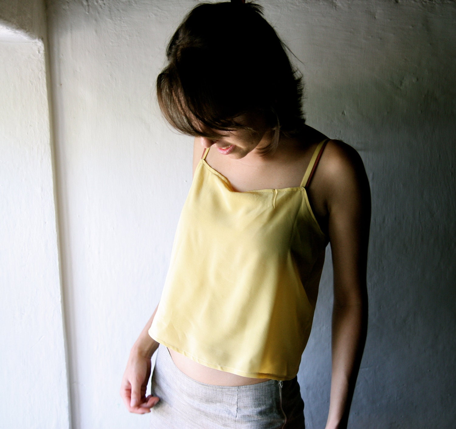 silk tank top - Yellow crop top womens blouse short camisole