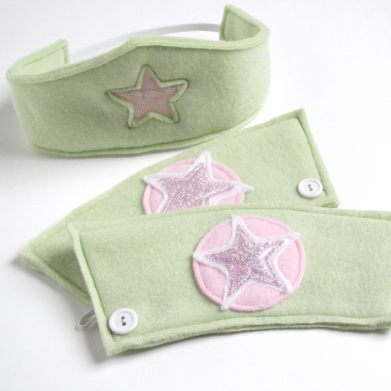 Super Hero Head Band and Cuff Set - Light Green with Pink Star (WOW112612-2)