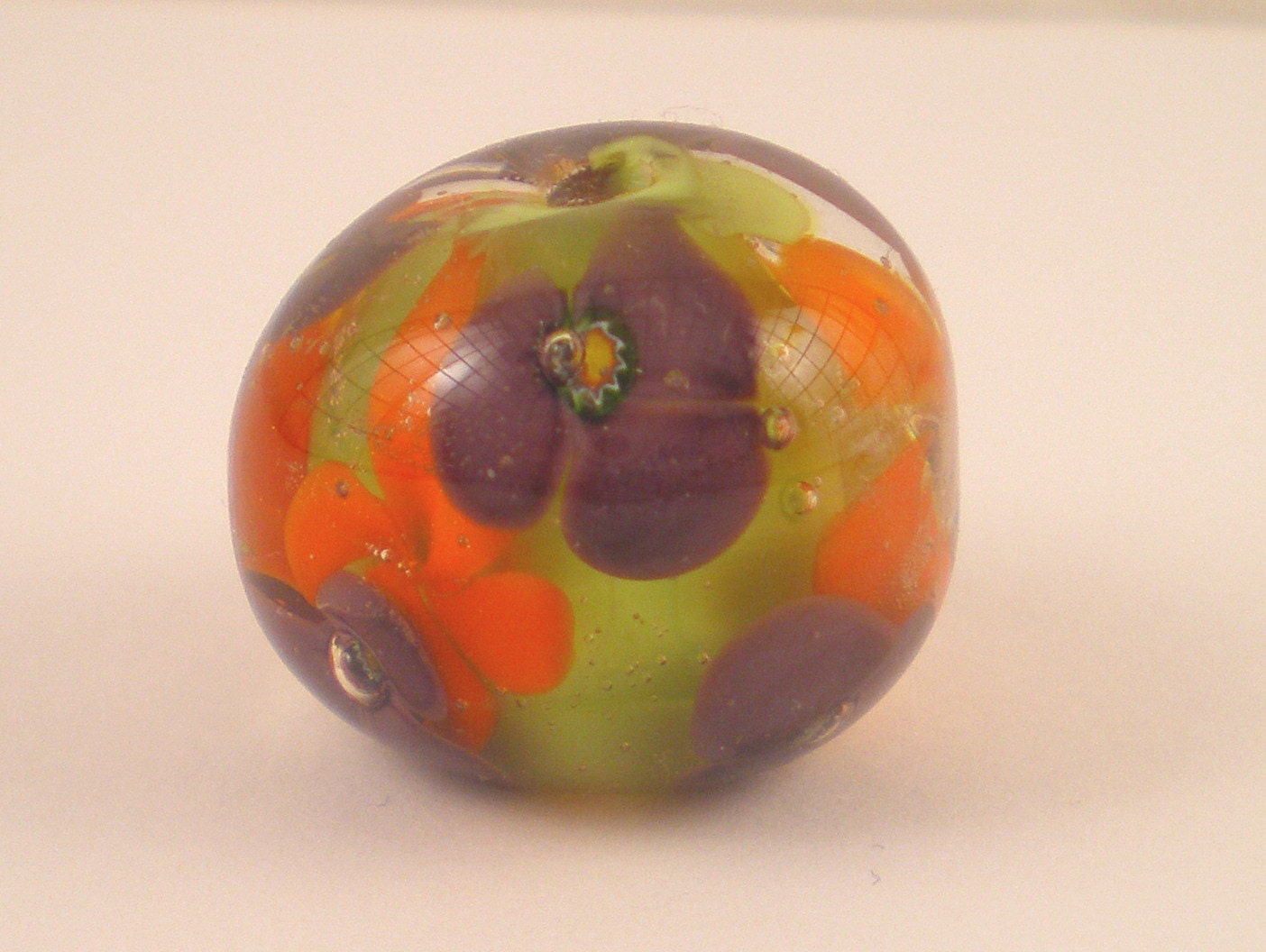 MonaRaeBeads Pansies Encased Floral Lampwork Focal Bead orange green purple
