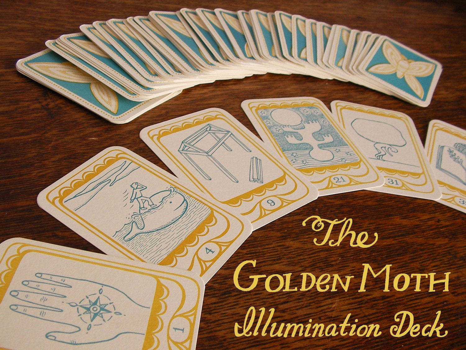 The Golden Moth Illumination Deck Set - Handmade Symbolic Cards - divination tarot fortune telling intuition inspiration gold blue mustard