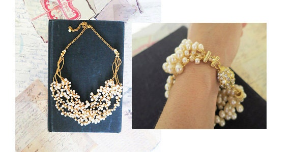 Bridal Pearl Wedding Set - Necklace - Bracelet - Chunky in Gold - Rhinestone - Vintage Style - Crocheted - Lacy