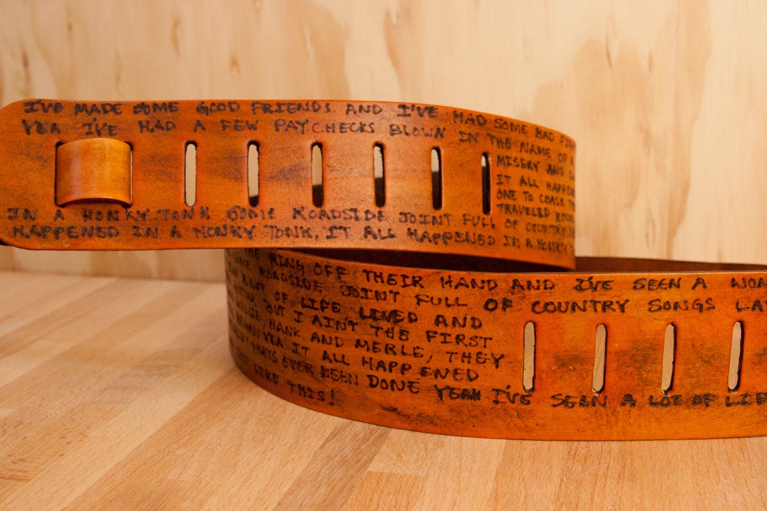 Leather Guitar Strap - Antique Tan - Personalized Smokey Pattern
