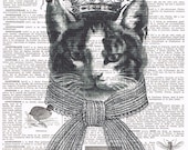 Repurposed Vintage Book Page Prints / Cat,  crown, upcycled, gift, affordable home decor, antique, french. Special, buy 3 get 1 FREE