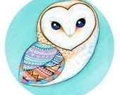Tribal Pattern Barn Owl Pocket Mirror - Bird Theme Accessory - Teal Turquoise and White