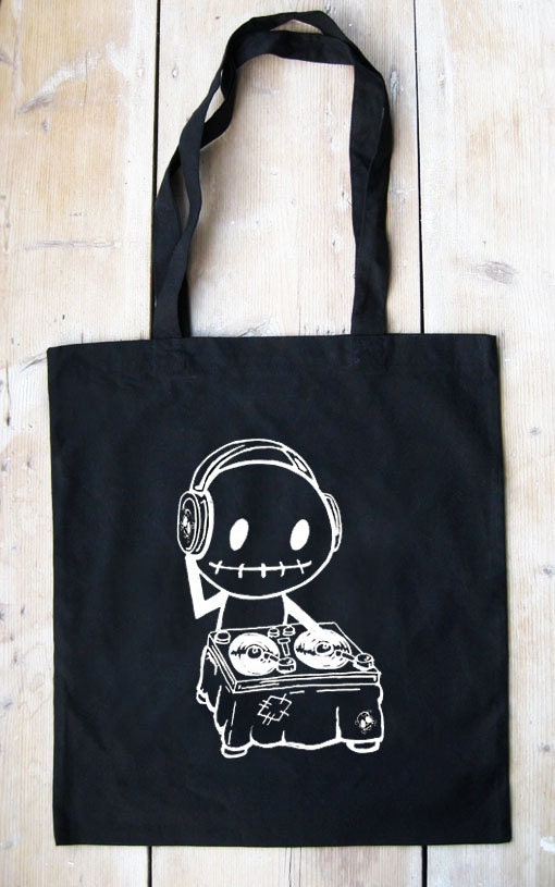 Black Zombie DJ Eco tote shopping bag by Rocky The Zombie