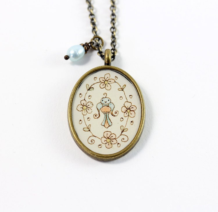 Sweet Pastel Robin in a Chain of Pink Blossoms Hand Painted Necklace