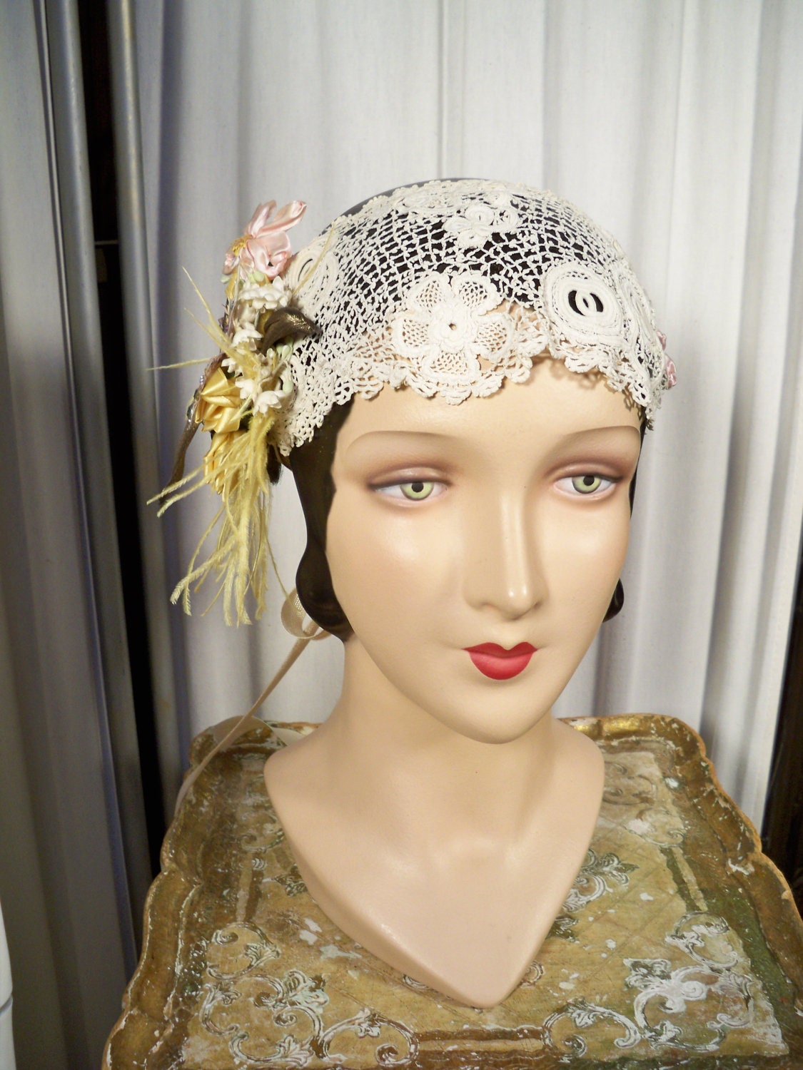 Madonna Flapper Bridal Headpiece with Feathered Jeweled Butterfly Flower
