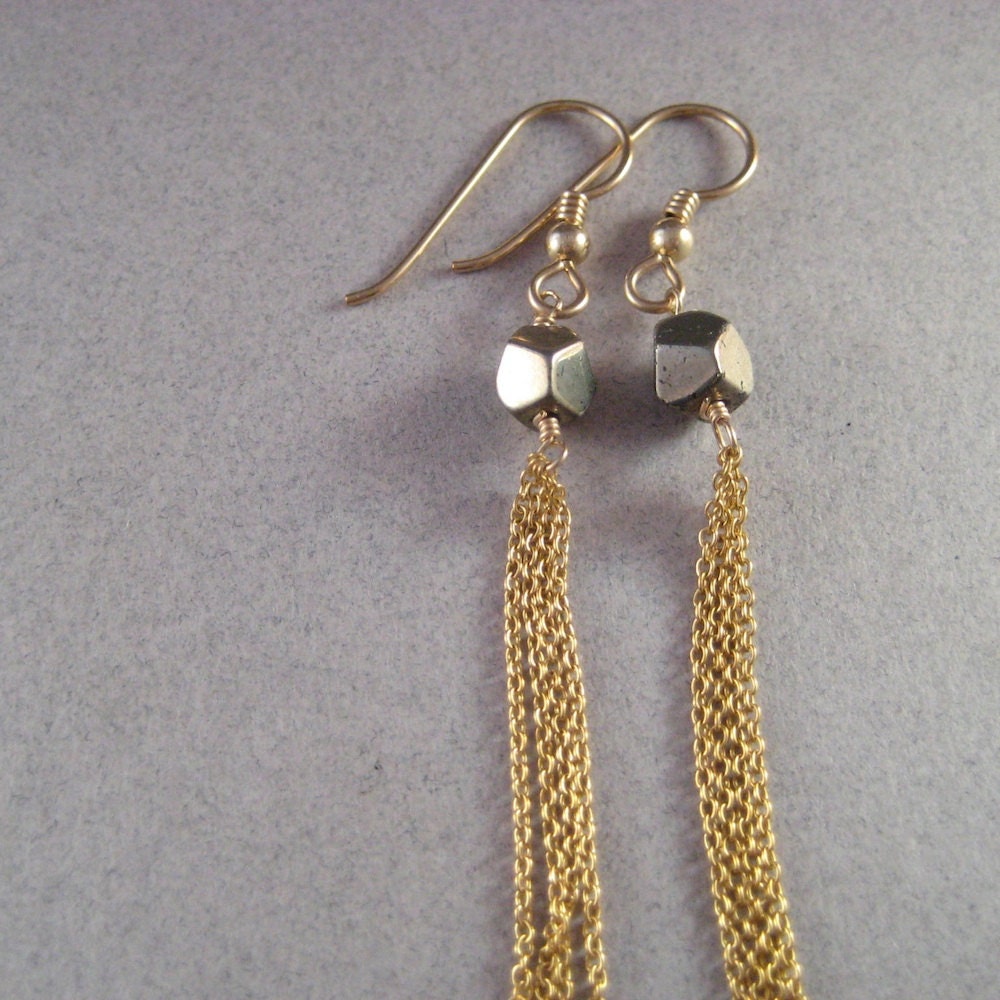 Pyrite Earrings, Pyrite Nugget Earrings, Long Dangle Earrings, Gold-Filled Tassel Earrings