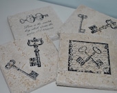 Skeleton Keys Natural Stone Coasters. Set of 4. Gift for him, her. Hostess gift. Home Decor