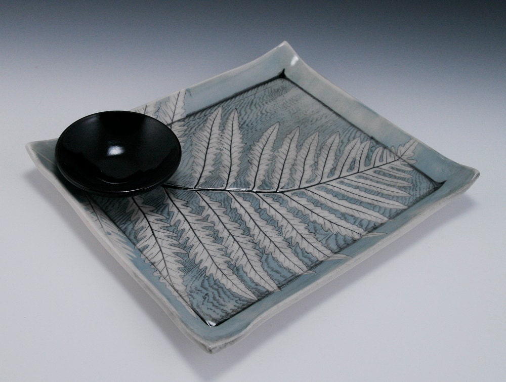 White and Blue Serving Tray with Fern