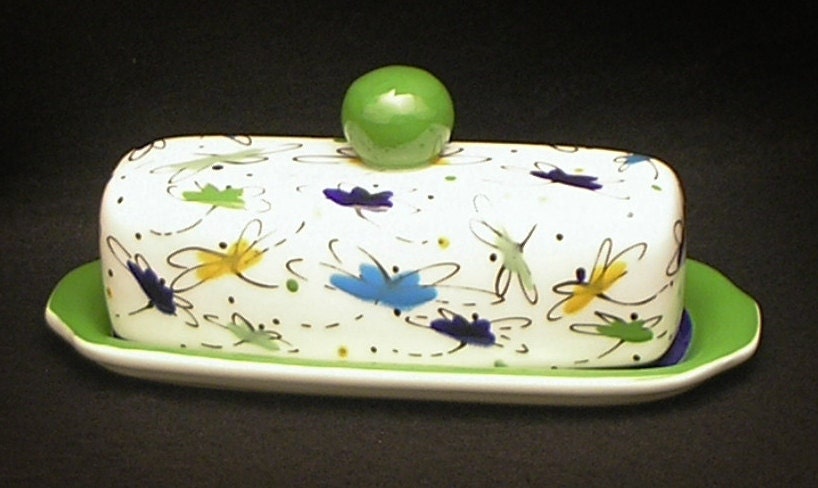 Butter Dish.Multi Colored Dragonfly Butter Dish. Blue. Green. Light Green. Knob. Butter. Dish. Tray. Handmade by Sara Hunter Designs.