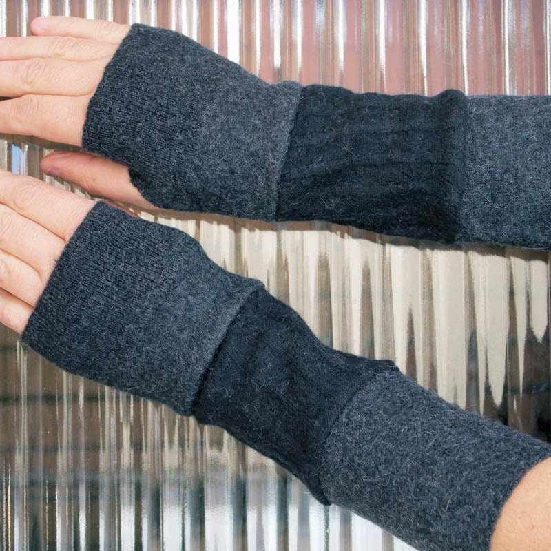 FREE SHIPPING Felted Sweater Gloves Arm Warmers -  Dark Grey and Black Stripes