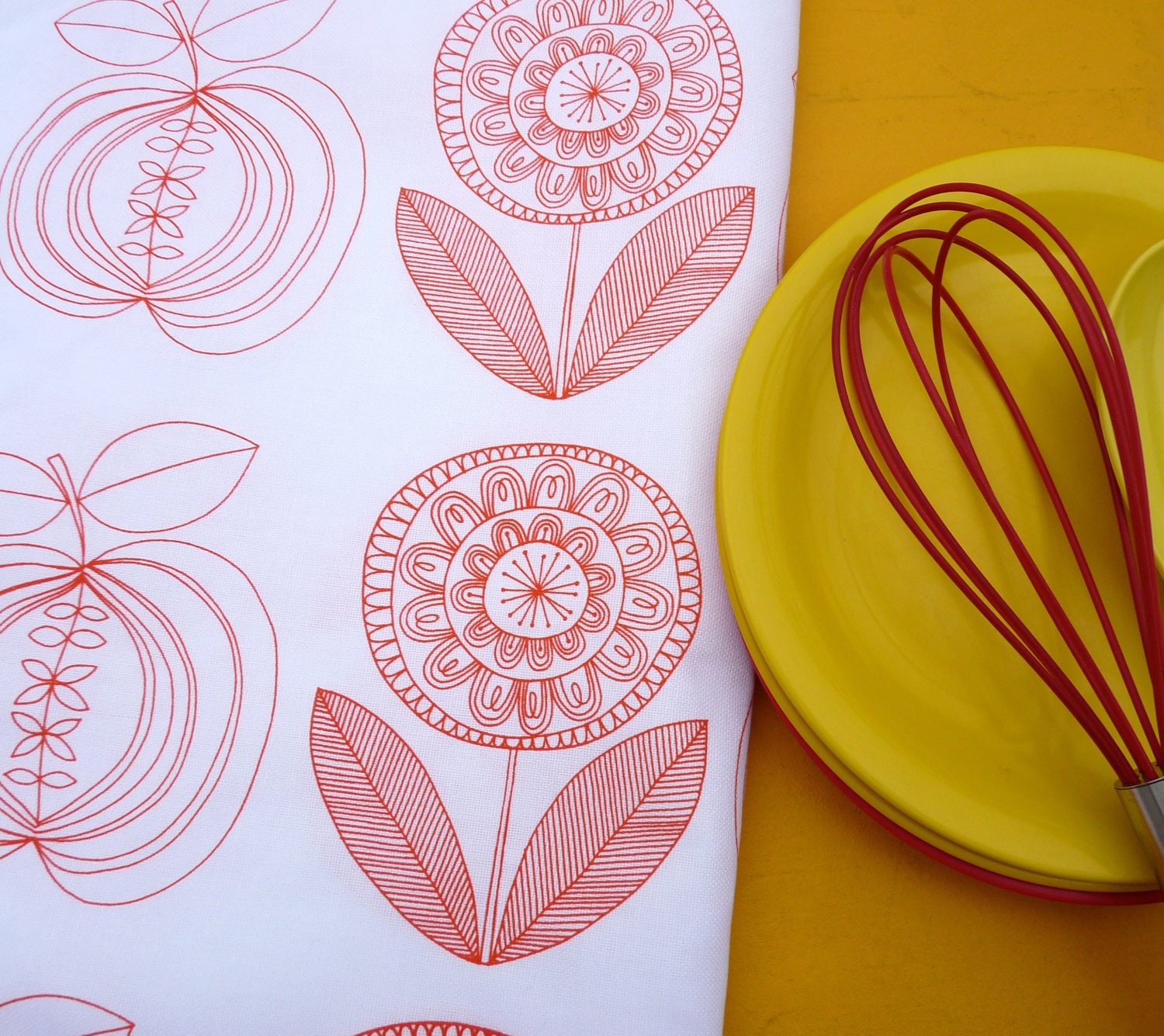 New Scandinavian Screen Printed Apple and Flower Tea Towel Fabric by Jane Foster