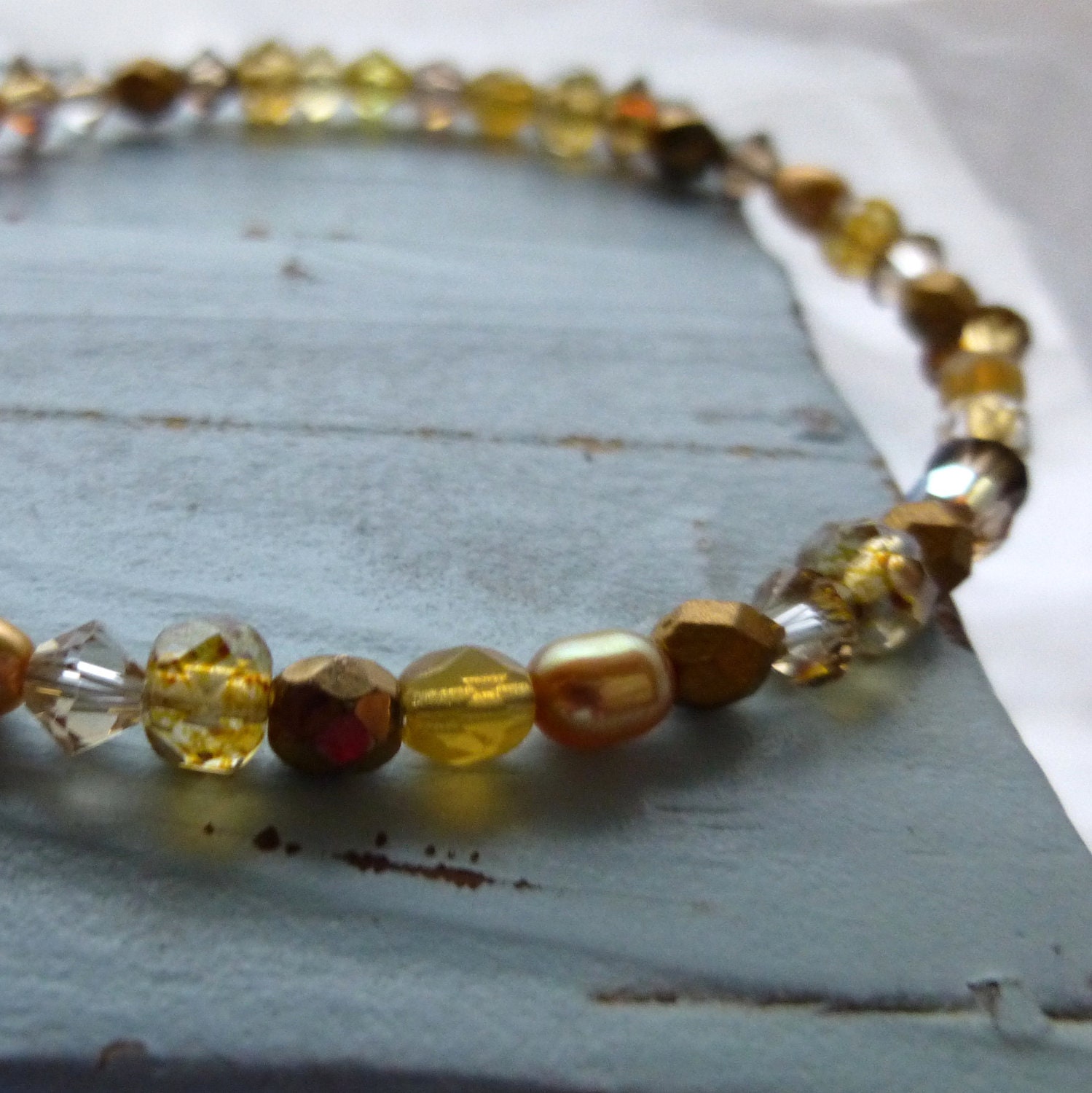 Topaz Gold Yellow Bracelet Crystals Pearls Glass Beads Sunshine on your Wrist