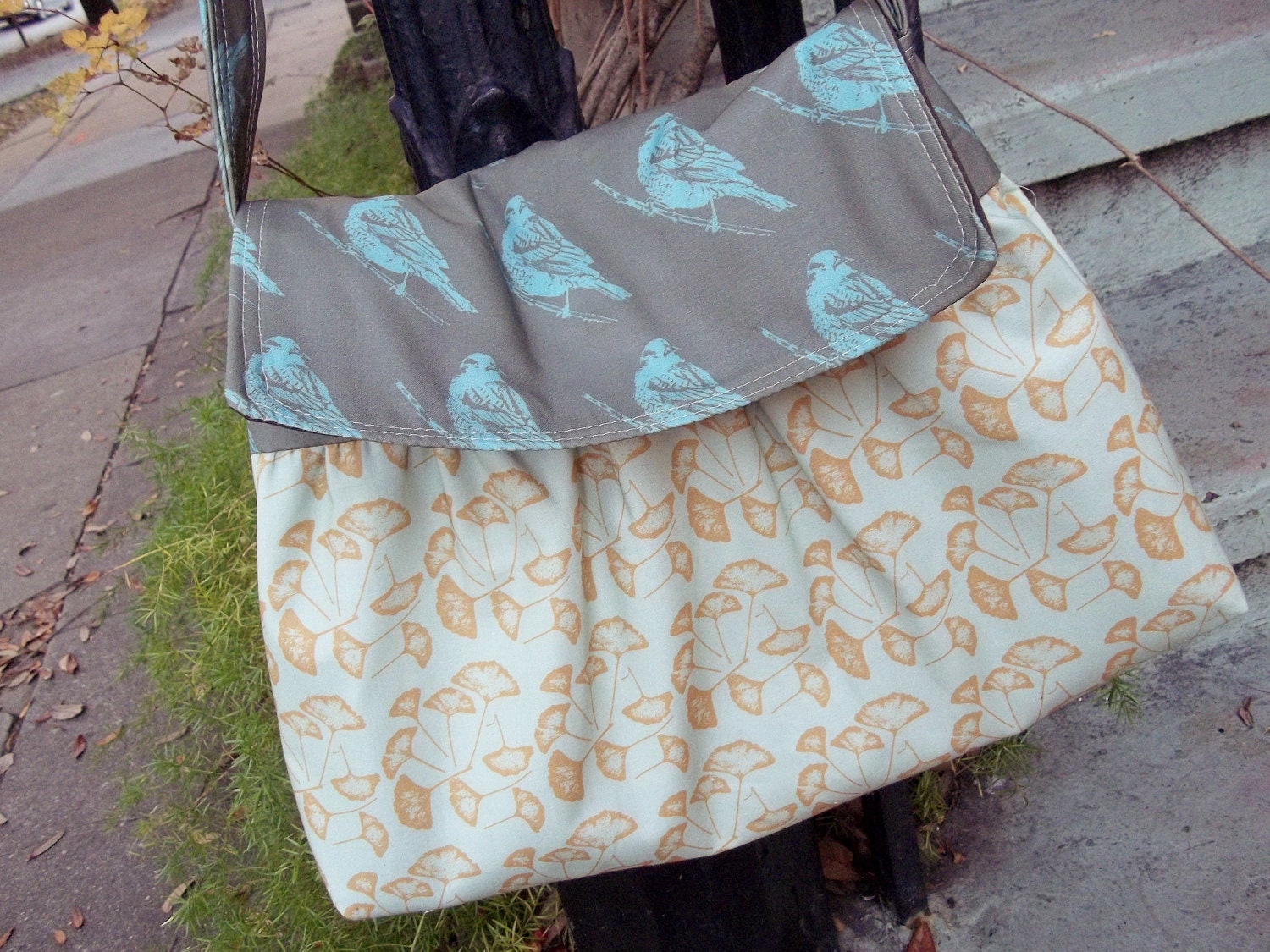 Retro Aqua Messenger Bag - Ginko Leaves - Key Fob - Adjsutable Strap