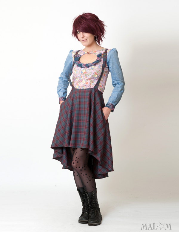 Hi lo skirt with suspenders - grey and red plaid - Flared suspender jumper skirt