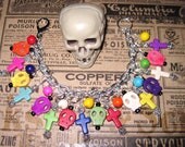 Day of The Dead Charm Bracelet Sugar Skull Jewelry Rainbow Dia De Los Muertos Beads Mexican Themed Jewelry OOAK Eclectic Statement Piece