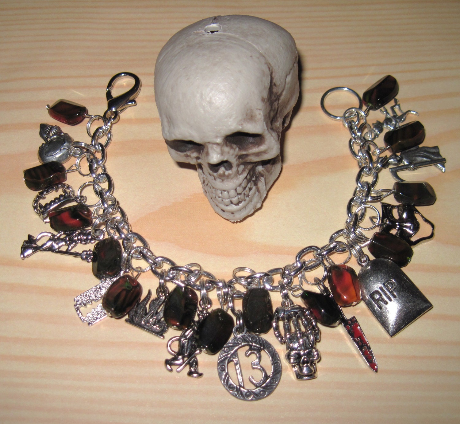 Halloween Charm Bracelet Unlucky 13 Thirteen Glass Beads Jewelry Evil Horror Dead Death Goth OOAK Eclectic Statement Piece