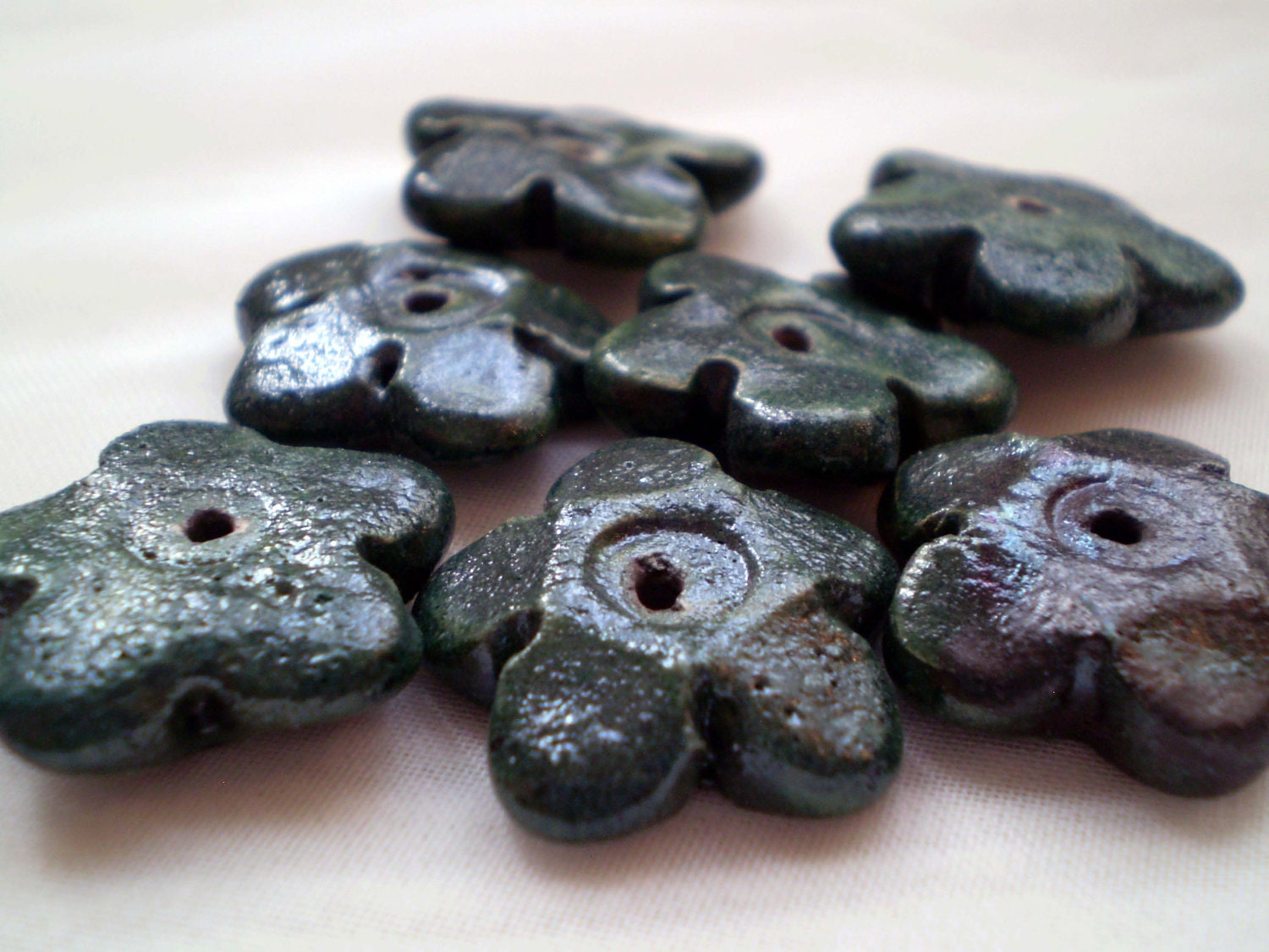 Raku Beads, Flower Shaped, Green, Handmade Bead Supply