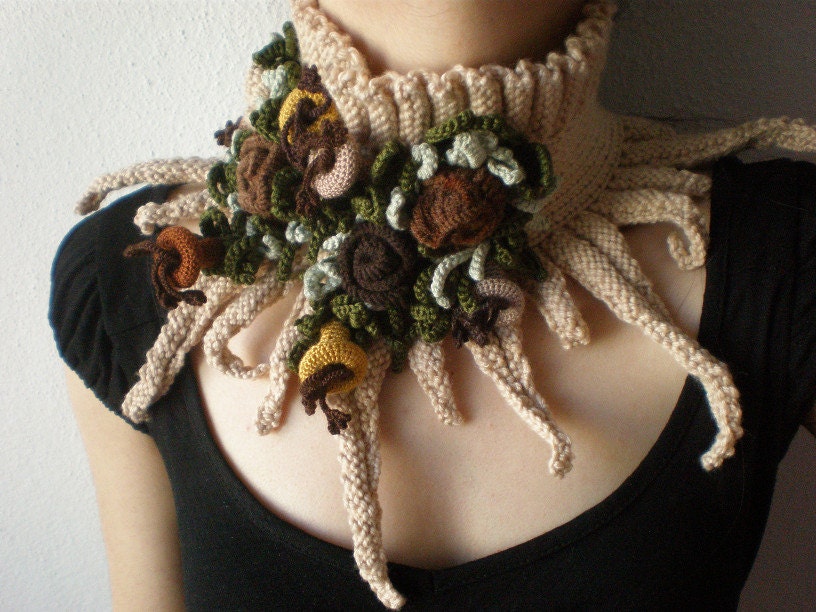 Elan ... Knitted Neck Warmer / Scarflette -  Beige / Tan - Brown Taupe Yellow Crochet Flowers