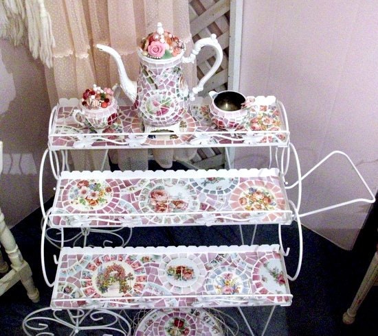 Shabby Vintage White Metal 3 Tier Plant Cart Garden of Roses