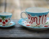 Aqua and Red Cherries -- Tea for two matching tea cup sets. . .  Mother's Day Gift, Grandparents Day