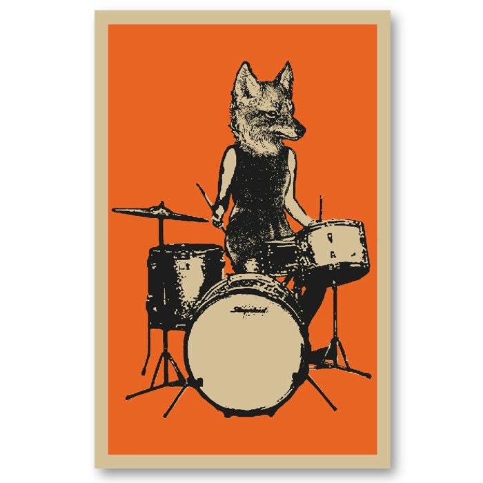 60s style FOX Drummer girl Rock Band 11 x 17 silkscreen Art Print Poster screenprinted by hand. Great for musicians or rock fans.