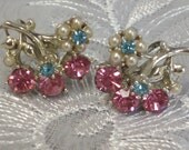 Vintage MAd MEn Rockabilly EArrings, Pastel Pink and Blue Rhinestone, 1950s, Spring SALE