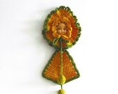 Vintage Pot Holder Doll face Orange Green Crochet Wall Hanging