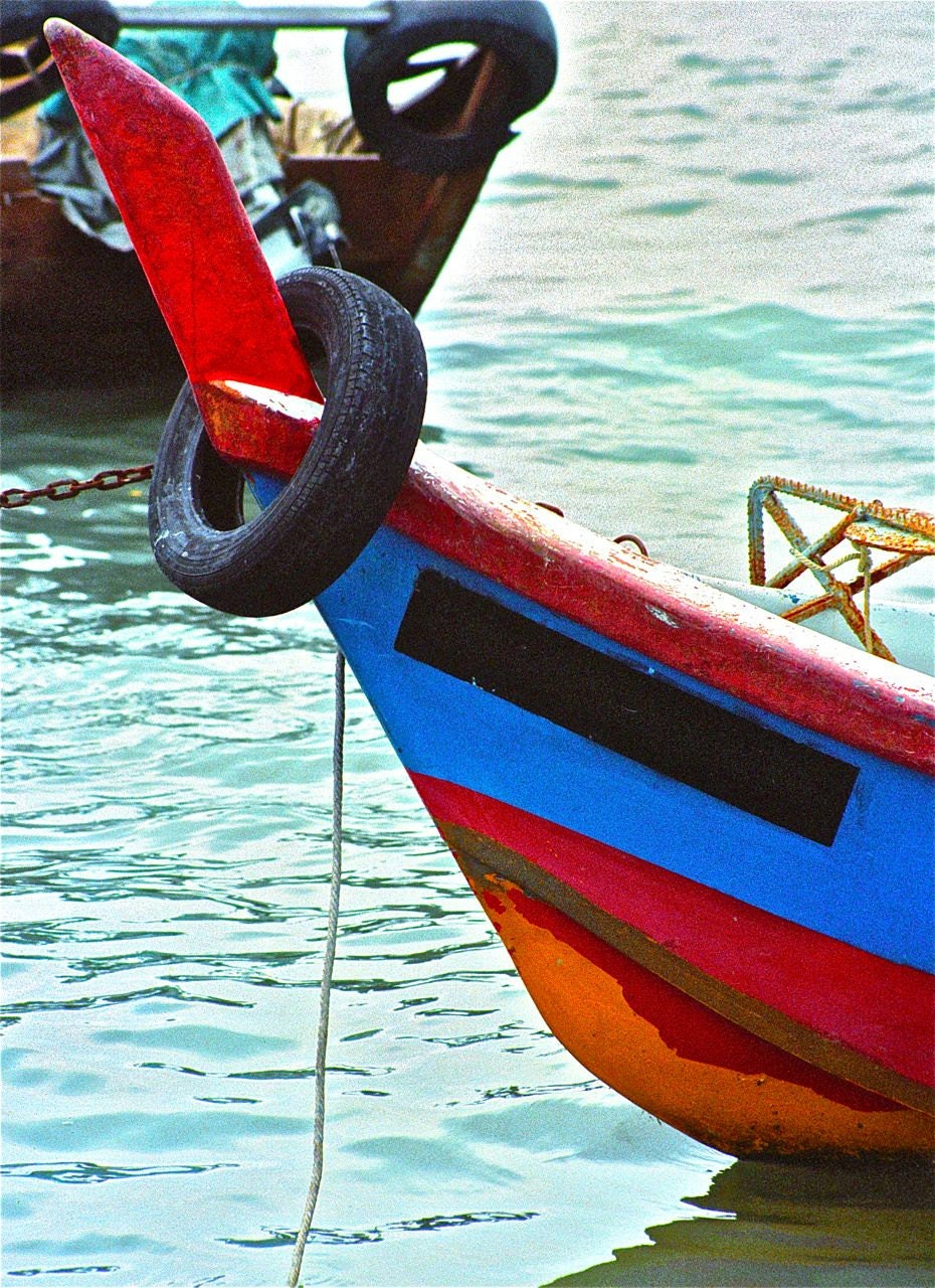 PHOTOGRAPH turquoise red cobalt blue red orange black boat Asia travel ocean water sea rubber tire abstract - elephantdreams PHOTOGRAPH turquoise red cobalt blue red orange black boat Asia travel ocean water sea rubber tire abstract - elephantdreams