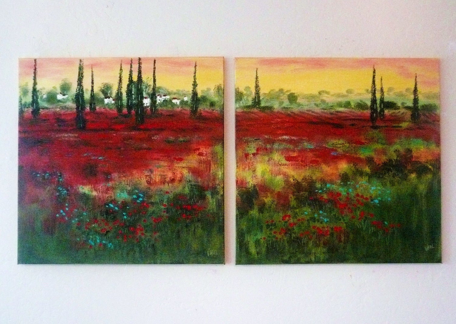 Large Commission set Original oil large painting Red poppy Fields folk contemporary modern free ship by Vadal 48 x 24