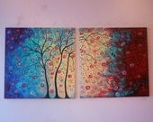 large original oil painting Abstract  Folk art Trees , and love birds- blue, aqua,red,teal 48- free ship in cont US