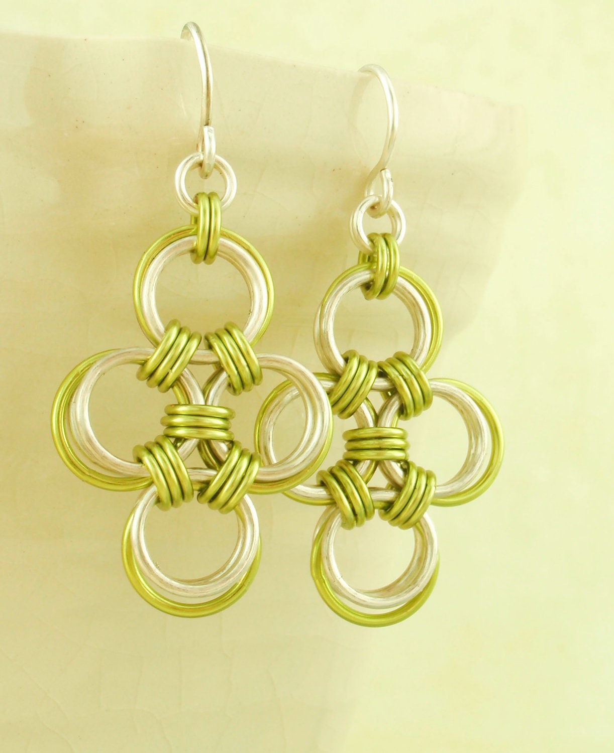 Contemporary Cross Earrings - Non Tarnish Silver with Peridot Accents - or YOU Pick Two Colors -