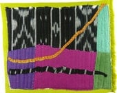 7.17.2012 small art quilt, contemporary, abstract, lime green, orange, yellow, black and white ikat, aqua, green, purple, magenta