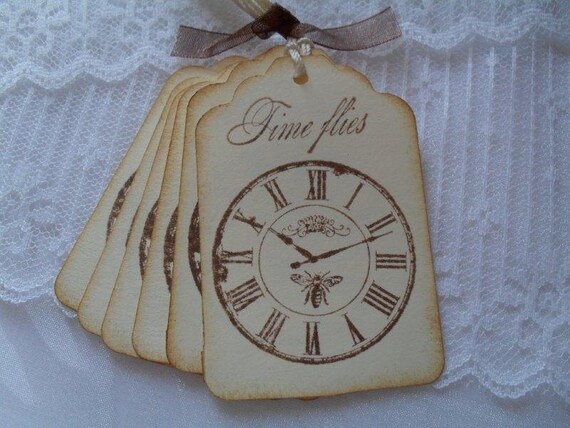 Time Flies Clock Tags Handmade Gift Tags Favor Tags Stamped