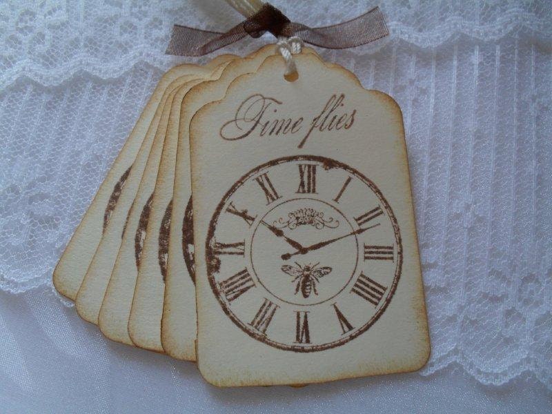 Time Flies Clock Tags Handmade Gift Tags Favor Tags Stamped
