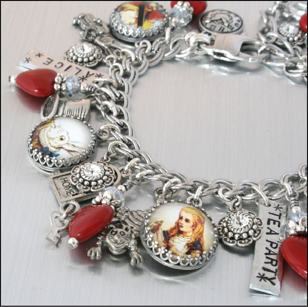 Alice In Wonderland Charm Bracelet, Silver Charm Bracelet, Alice in Wonderland Jewelry,  Mad Hatter, White Rabbit Jewelry