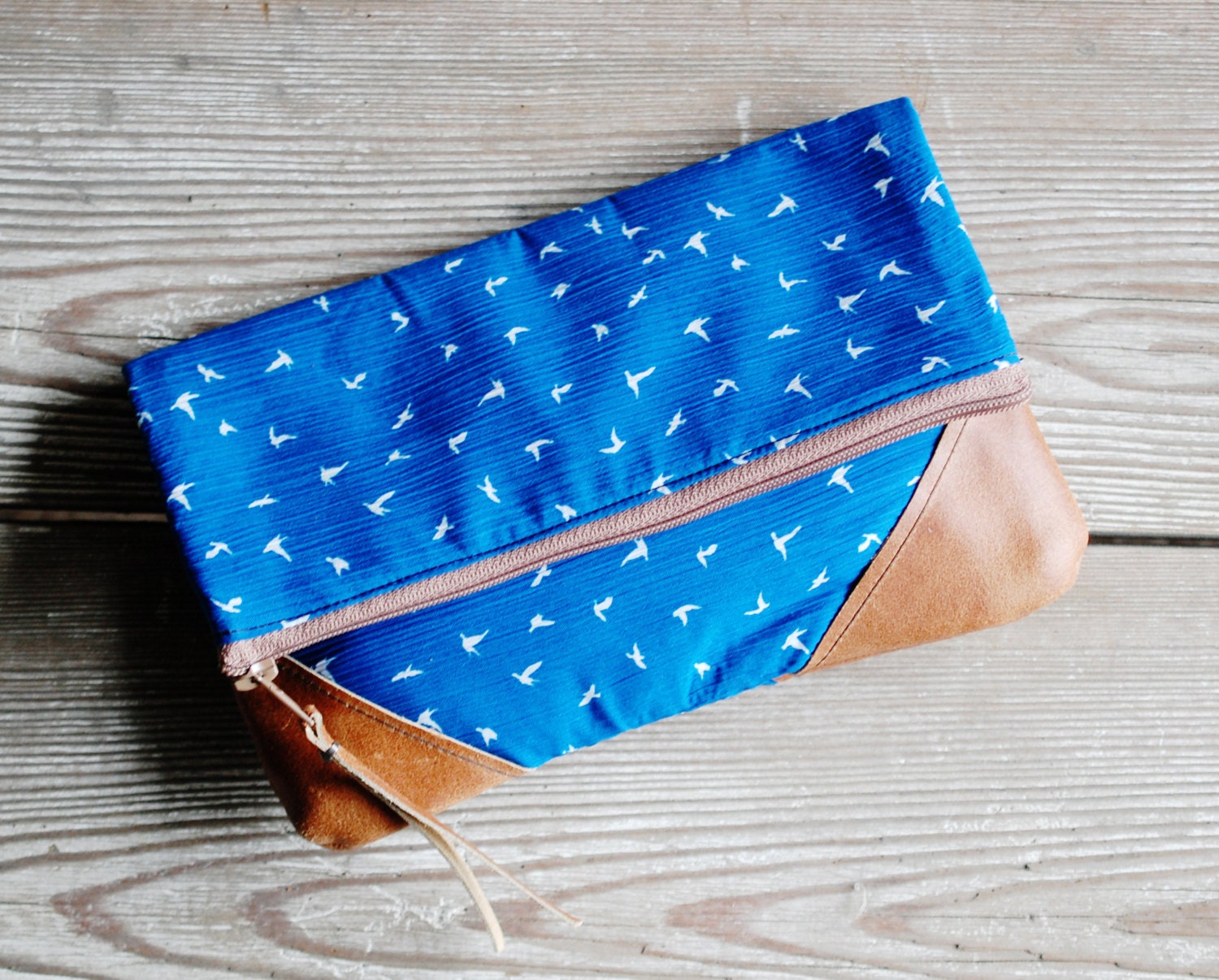 Blue Birds Leather Fold-over Clutch