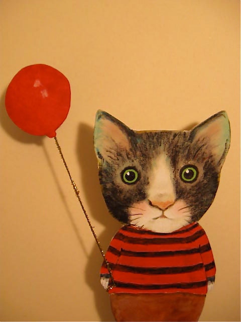 Paper Doll cat- red balloon- hand cut- black and white-  red and black stripes