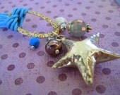 Multi Strands Turquoise Cord Necklace with Sterling silver Starfish Charm -Fine hammered star Charm Multi Strand cord  Necklace