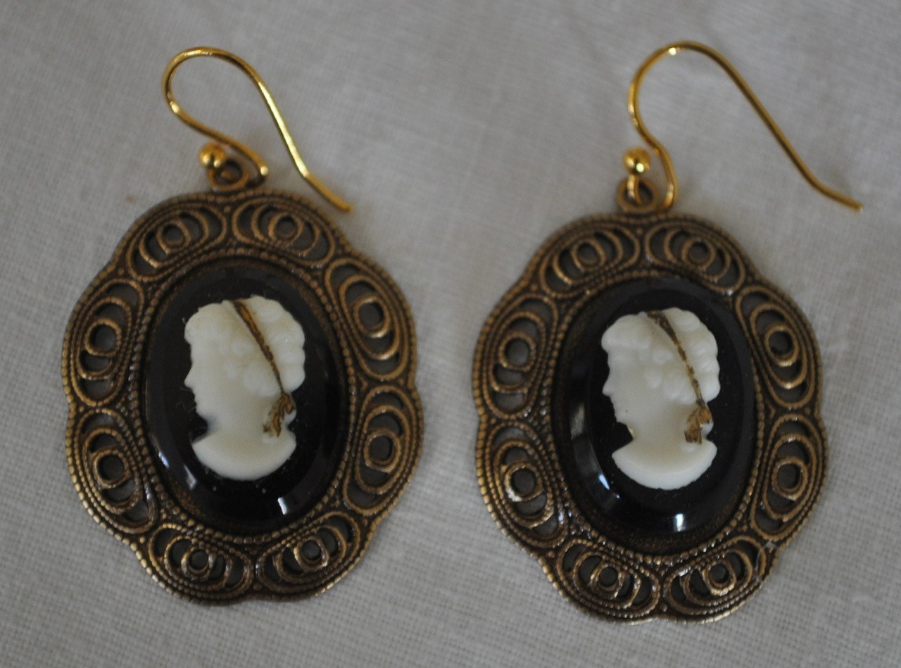 Vintage black glass cameos repurposed brass filigree earrings