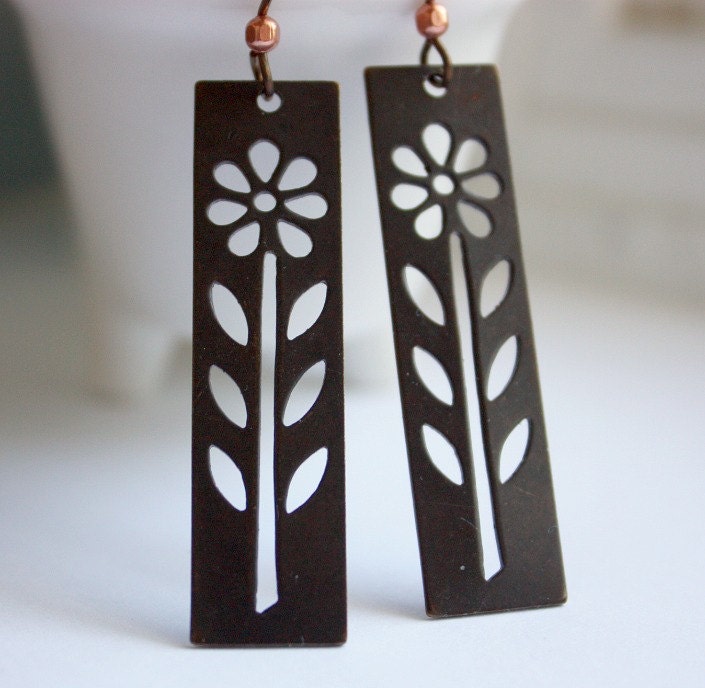 Antique Copper Daisy Rectangle Silhouette Dangle earrings Free USA Shipping