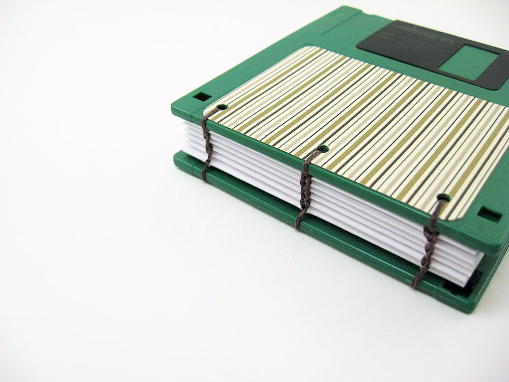 Emerald Green Floppy Disk Notebook - Coptic Stitch Binding -  geometric lines green brown mini notebook