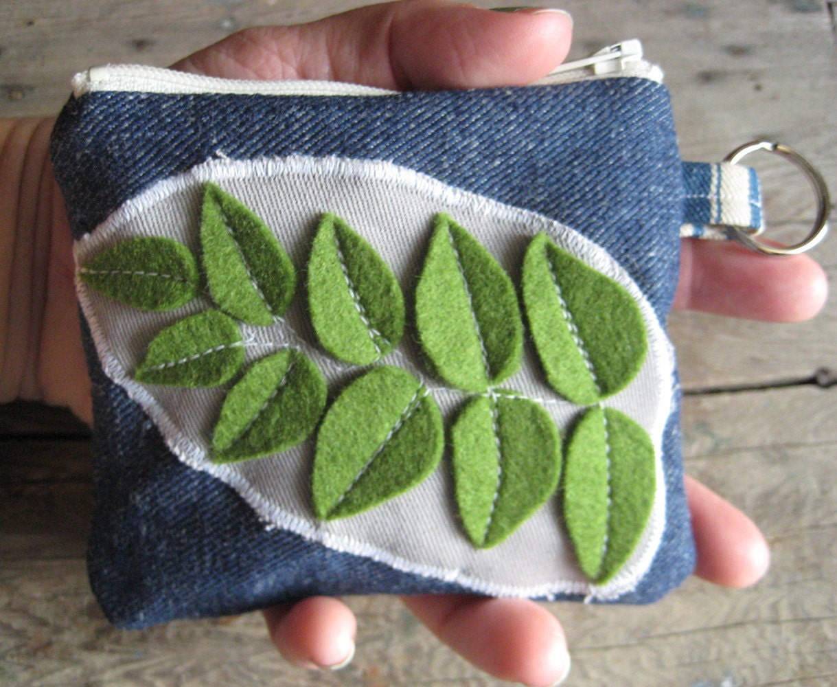 Leaves Coin Pouch Applique Wool Felt Reclaimed Fabrics One of a Kind Eco Friendly