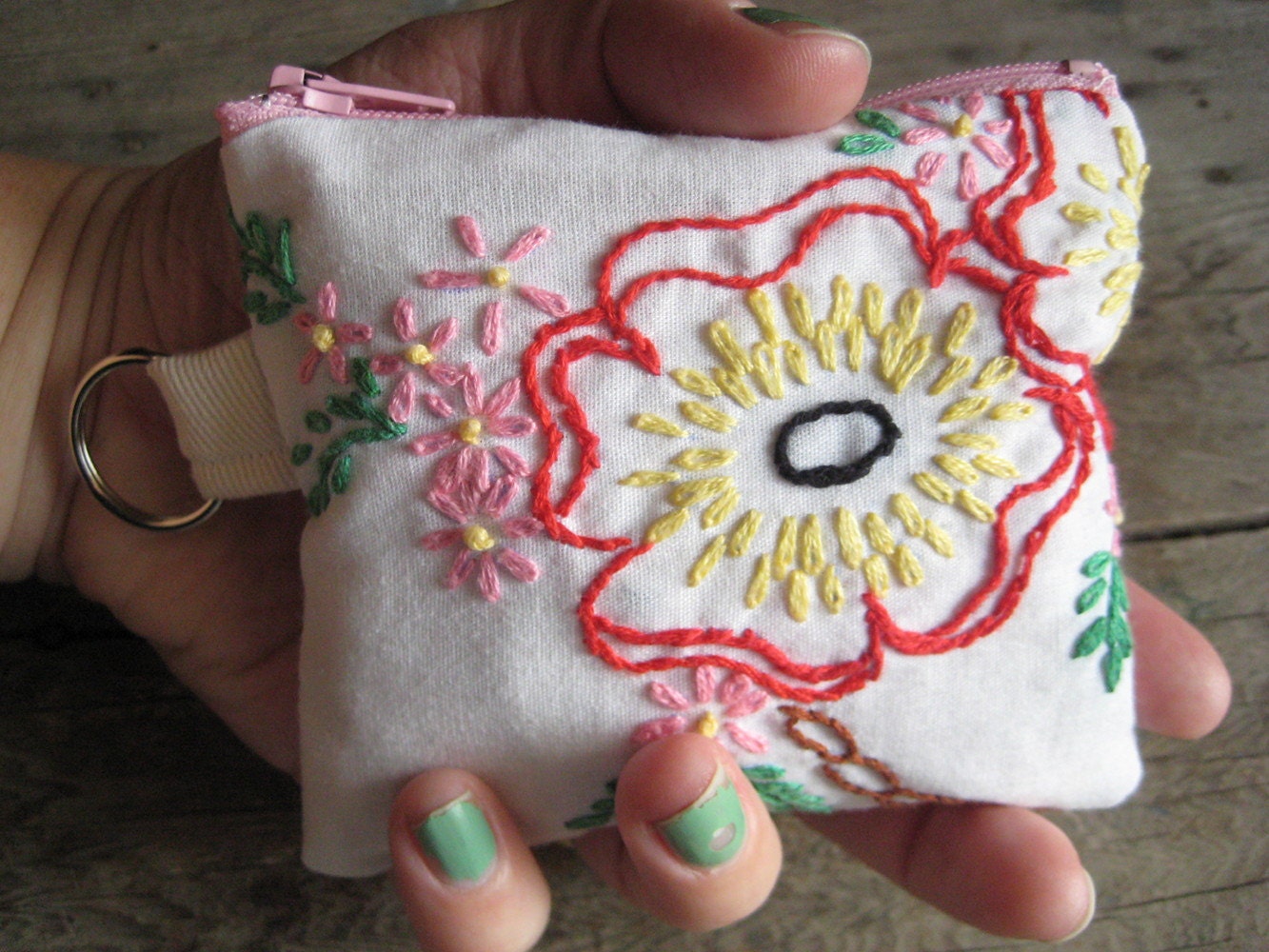 Coin Pouch Vintage Reclaimed Linens Embroidered Flowers